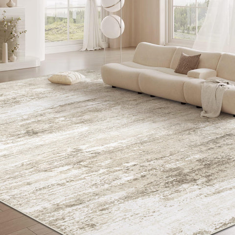 Beige neutral Losbulake rug brightens living and dining areas.