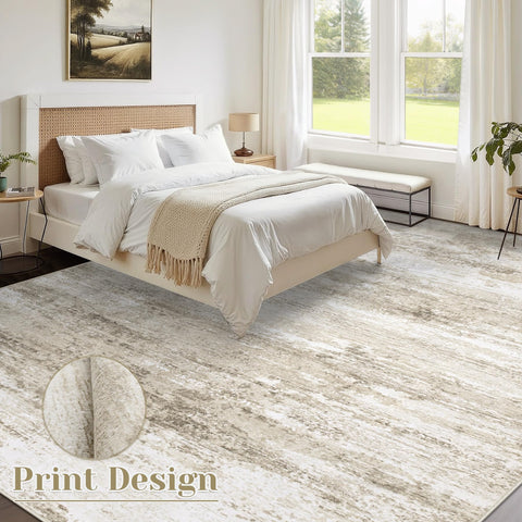 Losbulake beige abstract 8x10 rug adds modern style to bedrooms.