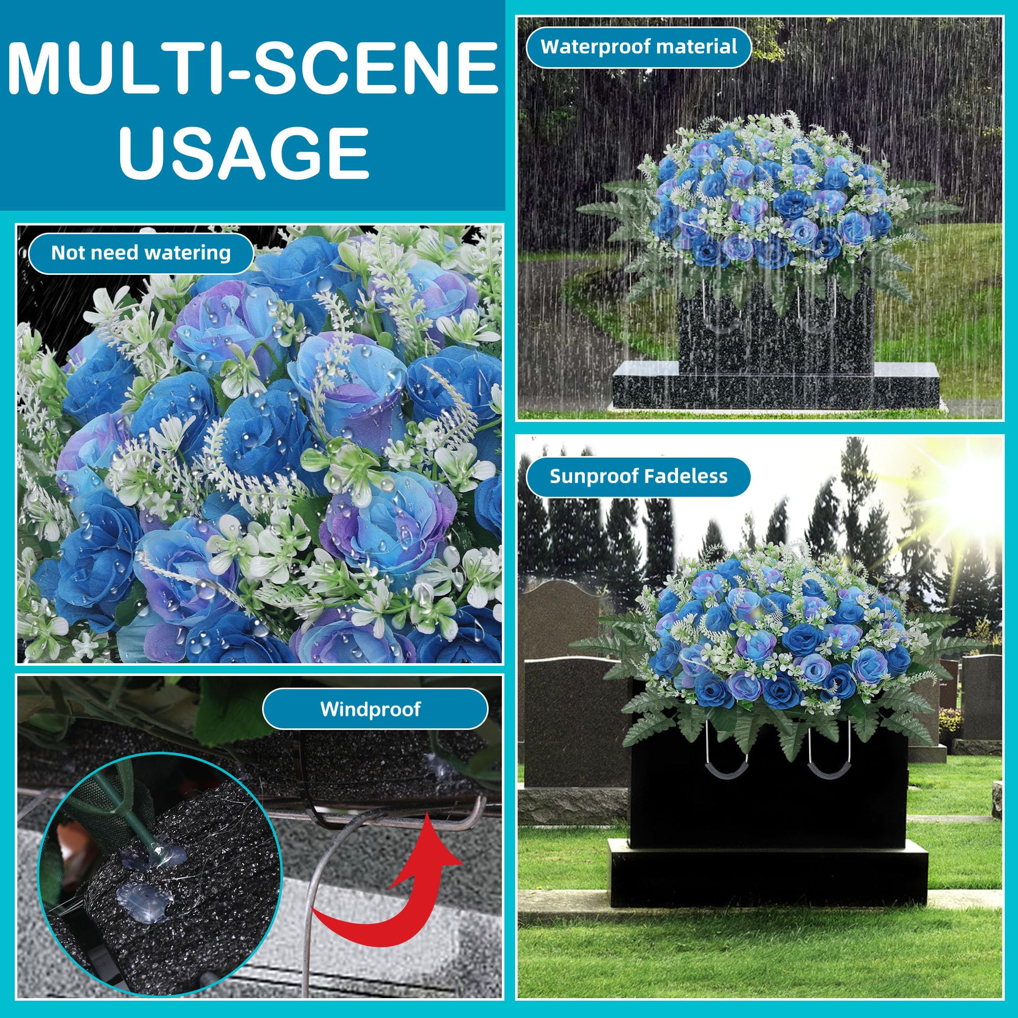 LOSFOTBO headstone saddle blue with silk blooms creates a vivid grave display.