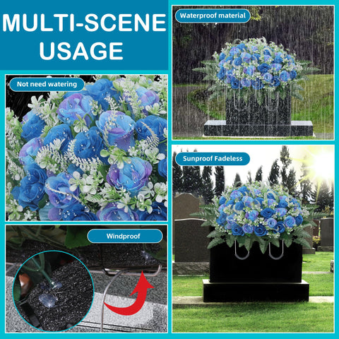 LOSFOTBO headstone saddle blue with silk blooms creates a vivid grave display.