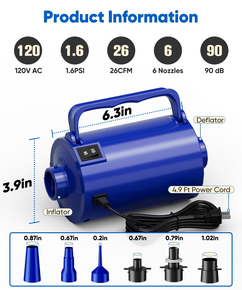 Lotspasie pump shown with its six nozzle set for versatile inflatables.
