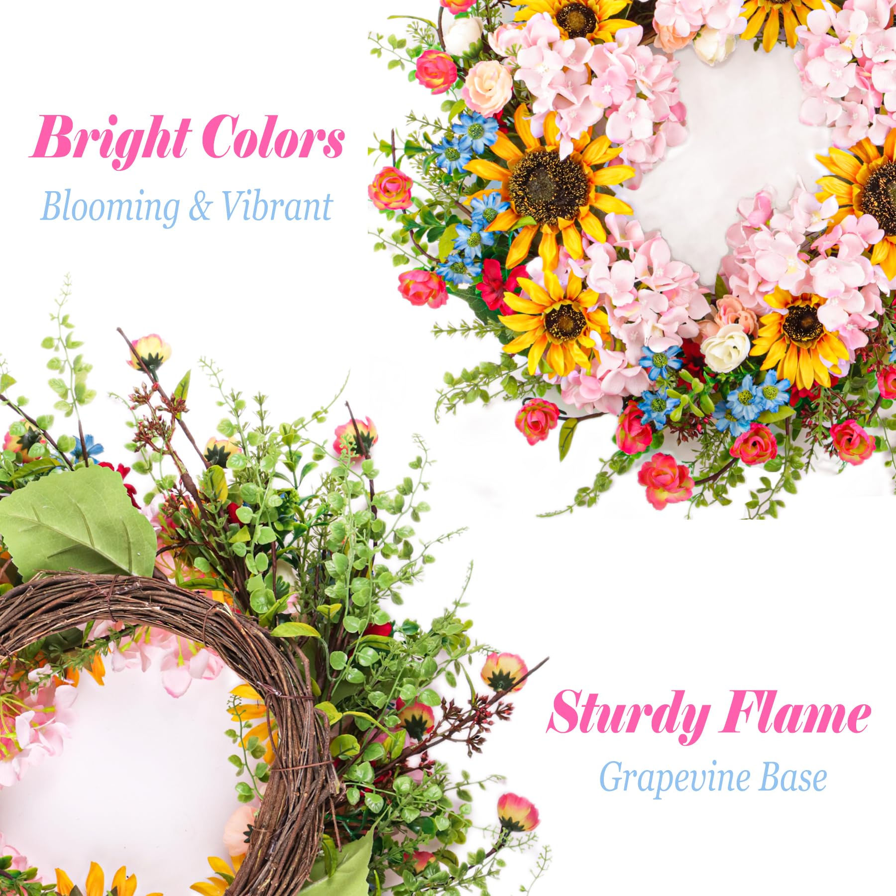 Lotus Hills 22in wreath with pink hydrangea for colorful entryways.