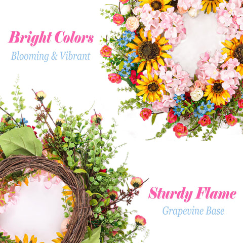 Lotus Hills 22in wreath with pink hydrangea for colorful entryways.