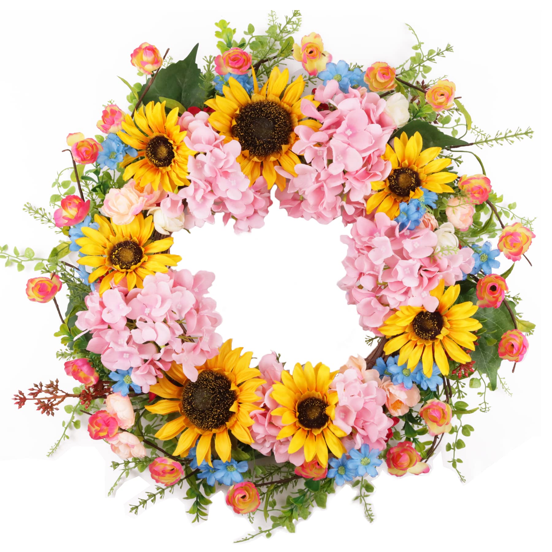 Lotus Hills 22in spring wreath sunflowers, ideal for a welcoming front door.