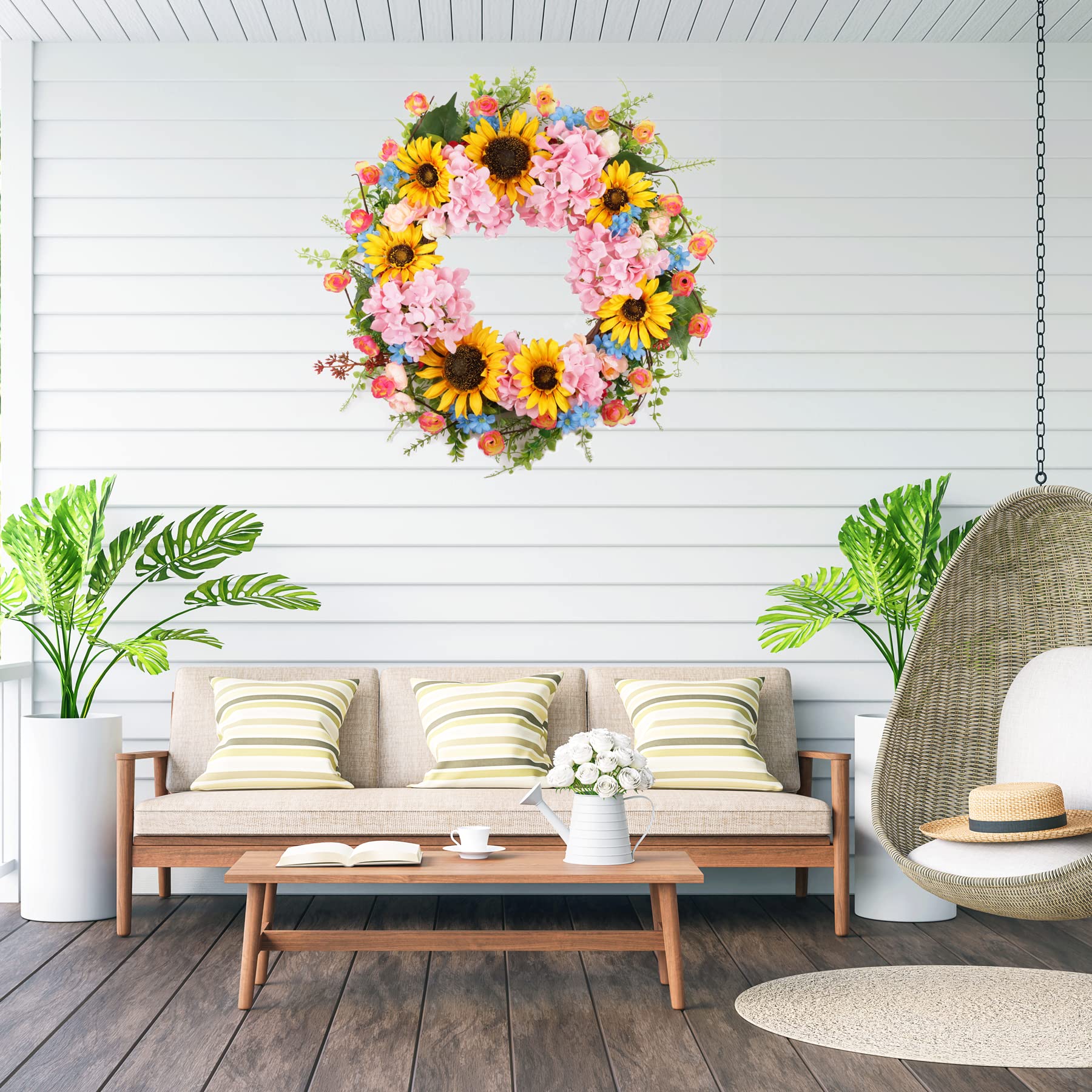 Lotus Hills spring wreath styled for cozy room decor.