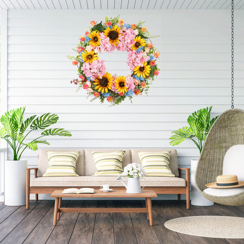 Lotus Hills spring wreath styled for cozy room decor.