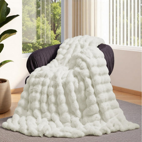 Lotus Karen bubble blanket cream white close-up showing ultra-soft fur texture for cozy evenings