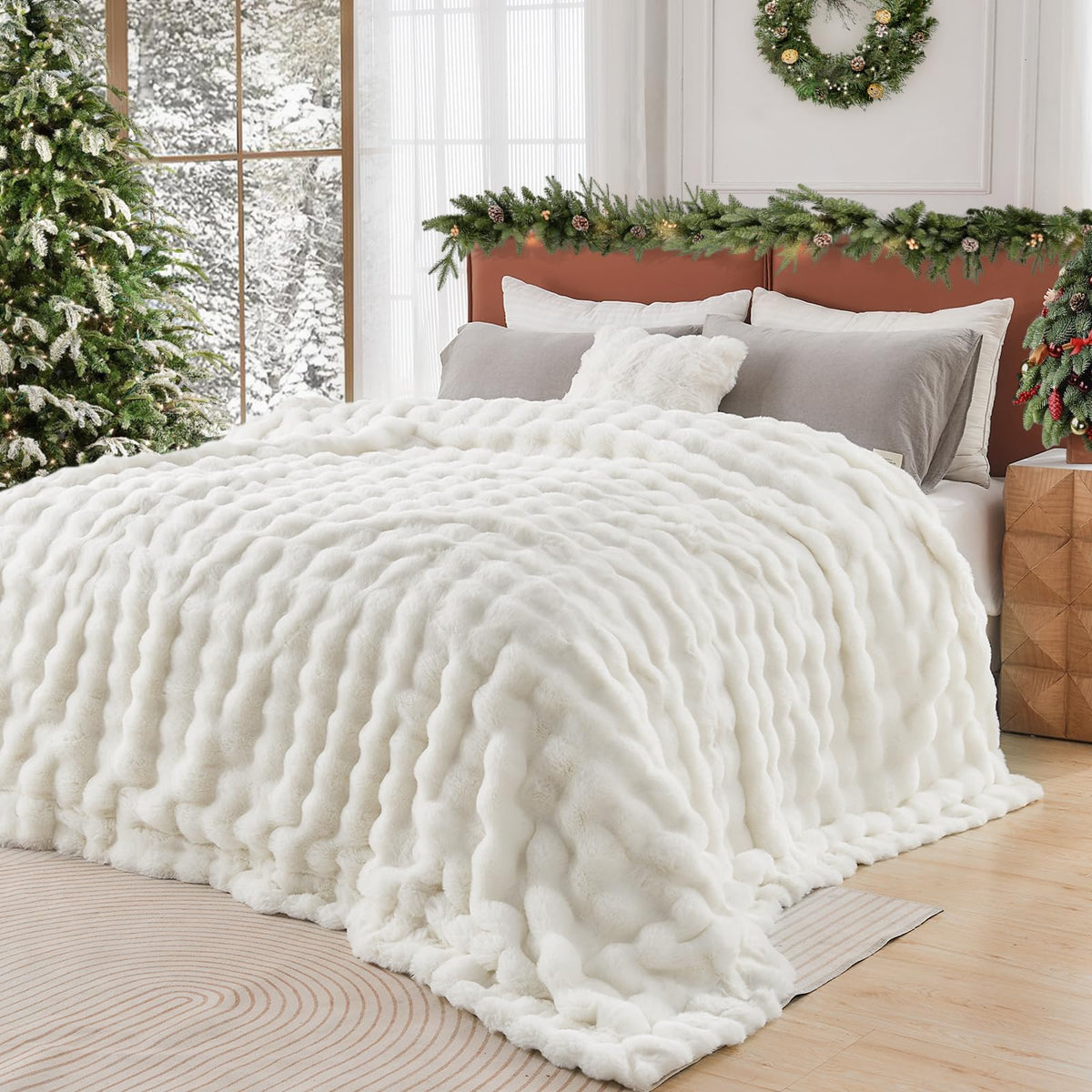 Lotus Karen queen-size cream faux fur blanket with bubble texture on full view.