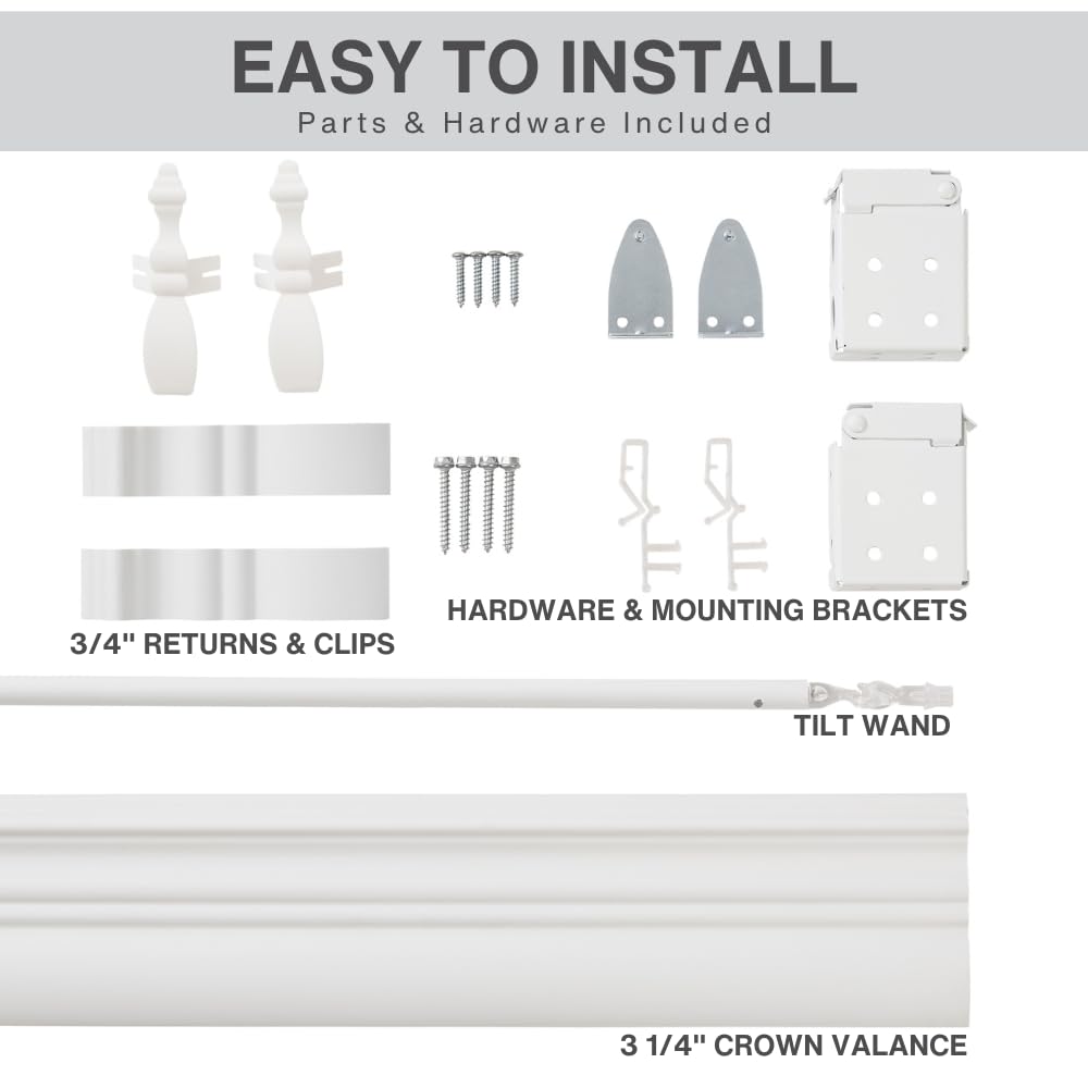 Lotus & Windoware 3 1/4-inch crown valance for wood-blind look.