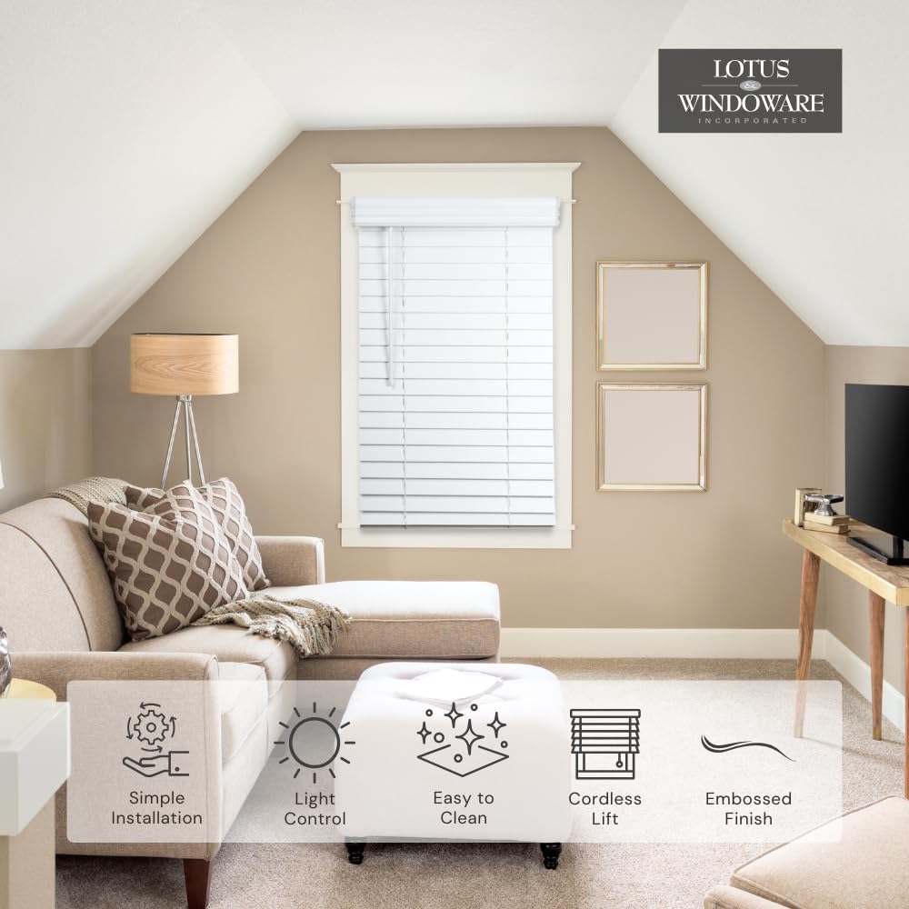 Lotus and Windoware cordless 2in faux wood blind closed tilt for room darkening