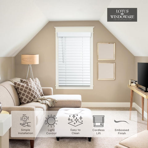 Lotus and Windoware cordless 2in faux wood blind closed tilt for room darkening