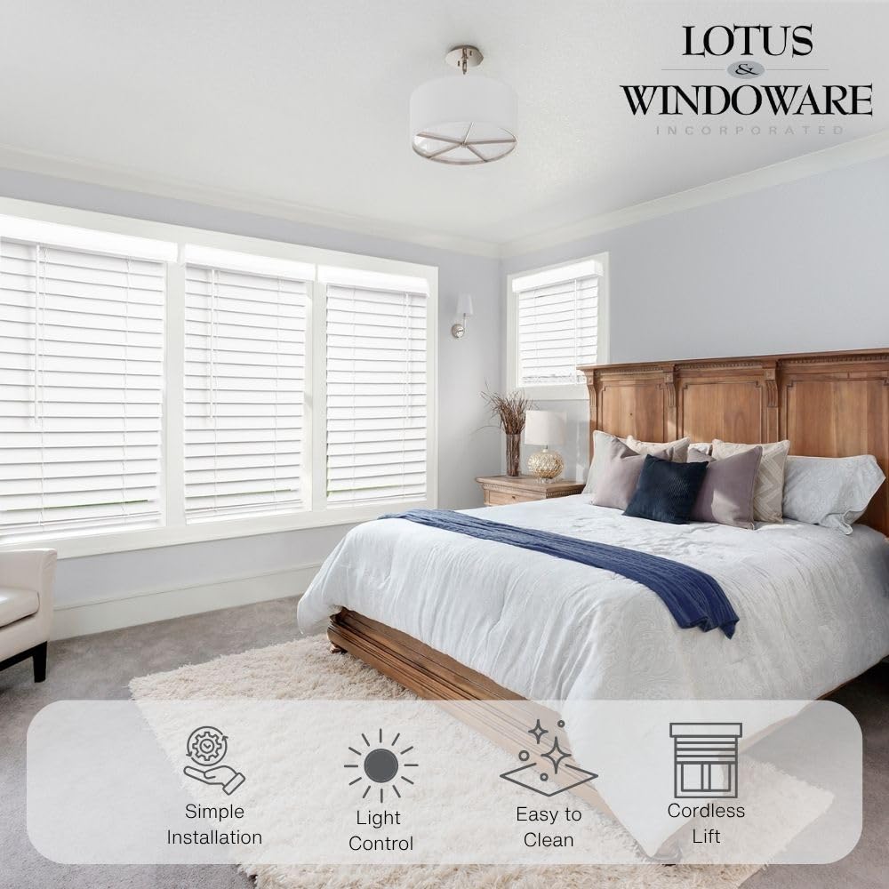 LOTUS & WINDOWARE Snow White blinds with valance close-up showing beaded design for real wood look