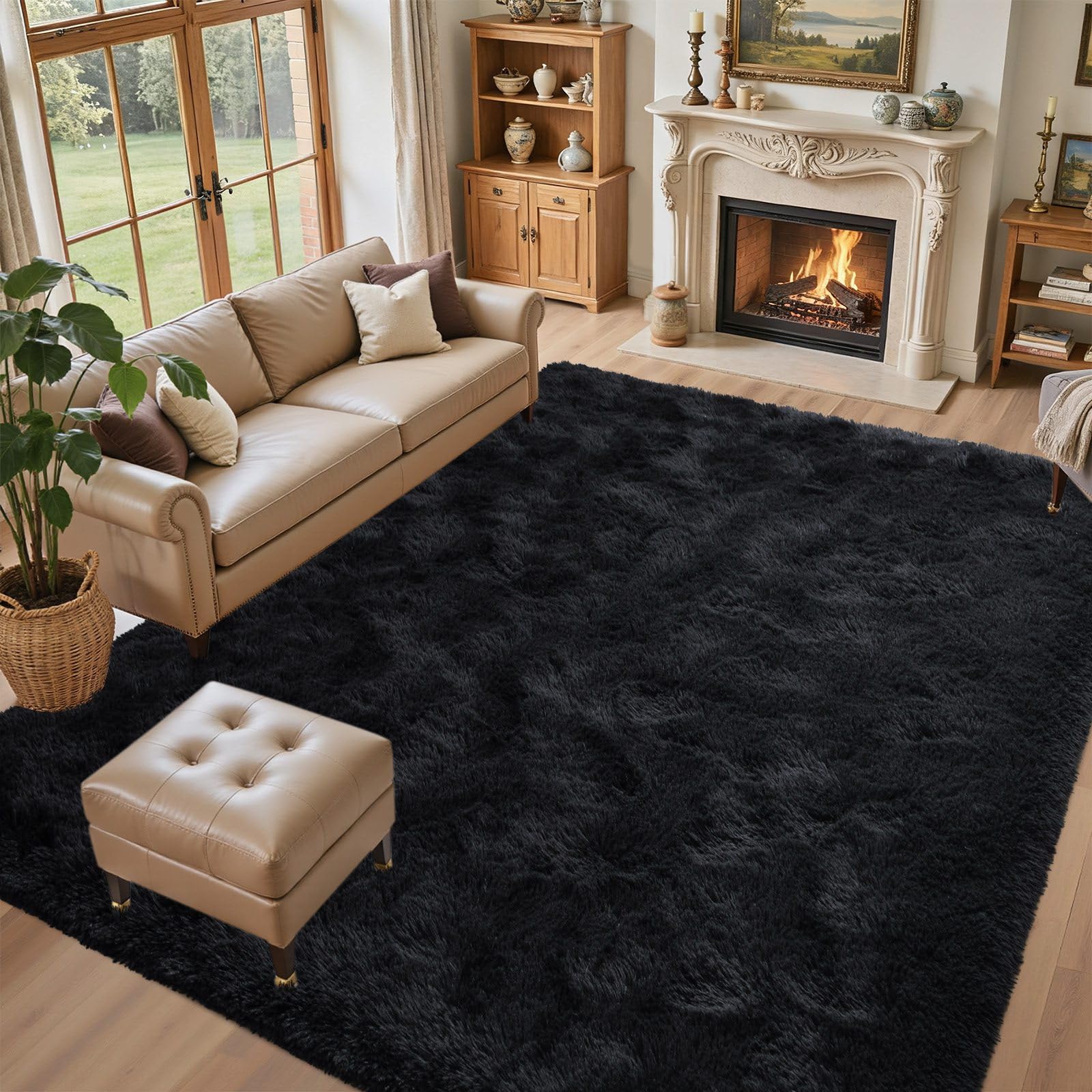 LòutiRoot Home 5x7 black shag rug with ultra-soft plush for living rooms.