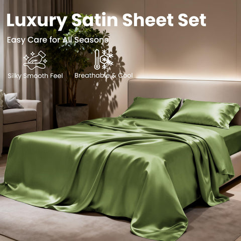 Love's cabin sage satin full bedroom scene with neatly made bed