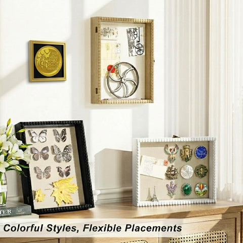 Love-KANKEI Shadow Box Memory interior shows linen and eight pins.