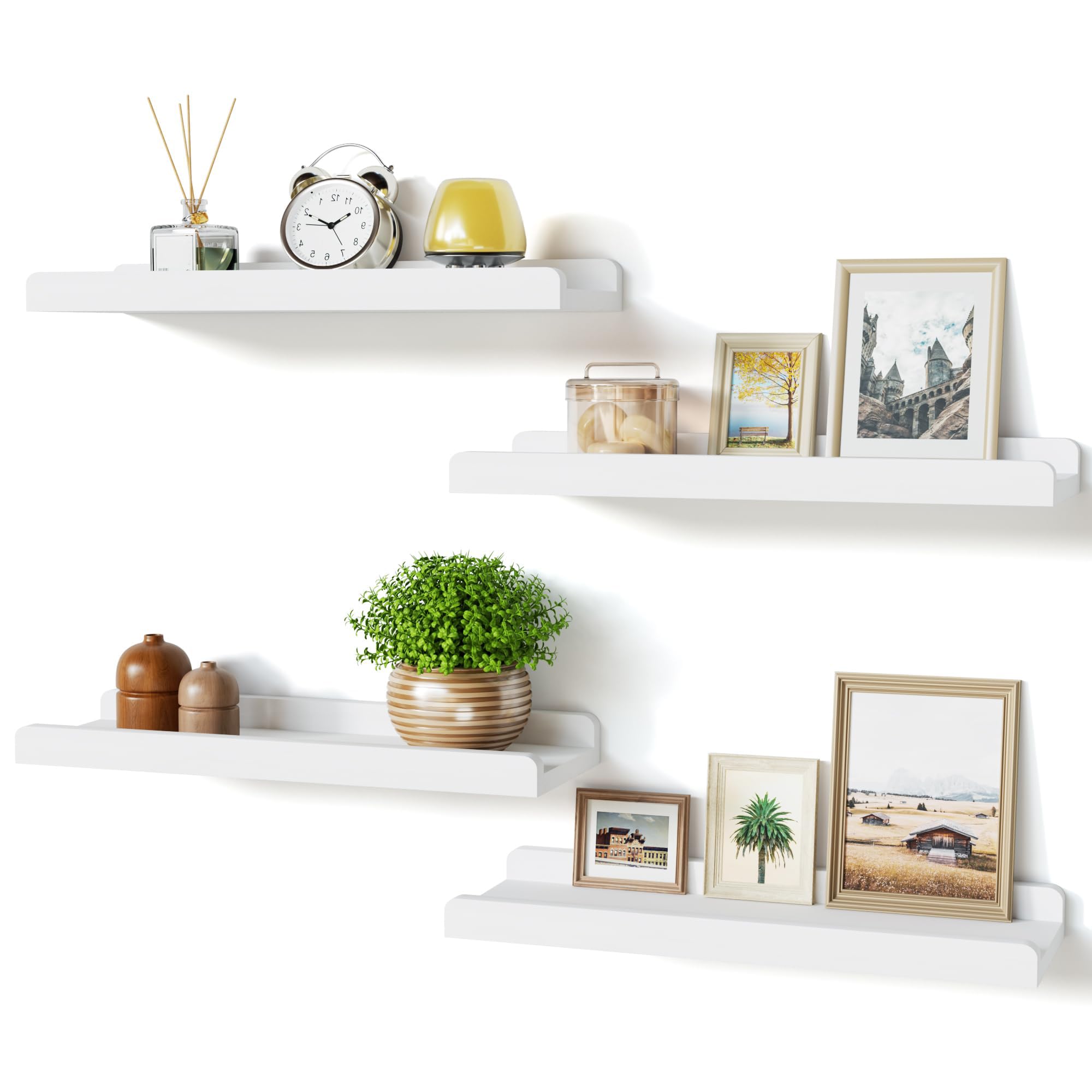 Love-KANKEI white floating shelves set of 4 — front view with lip to hold items