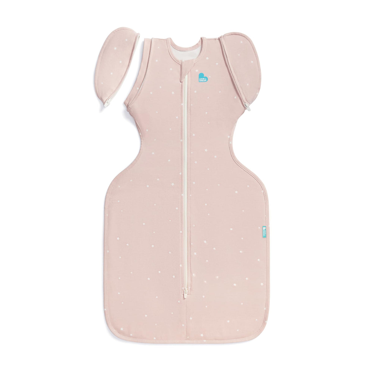Love to Dream Swaddle Up Transition Bag Powder Pink Twinkle with zip-off wings supports gradual arms-free transition.