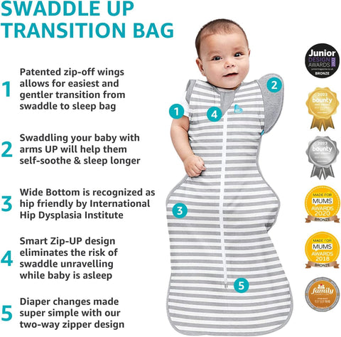 Two-way zipper design enables quick diaper changes without waking baby.