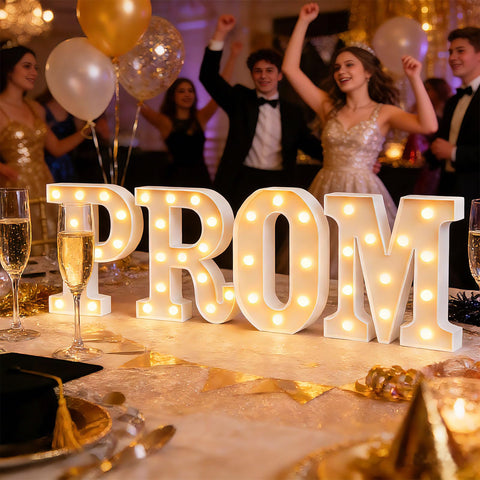 Lovelite warm white LED prom lights create a cozy atmosphere for photos.