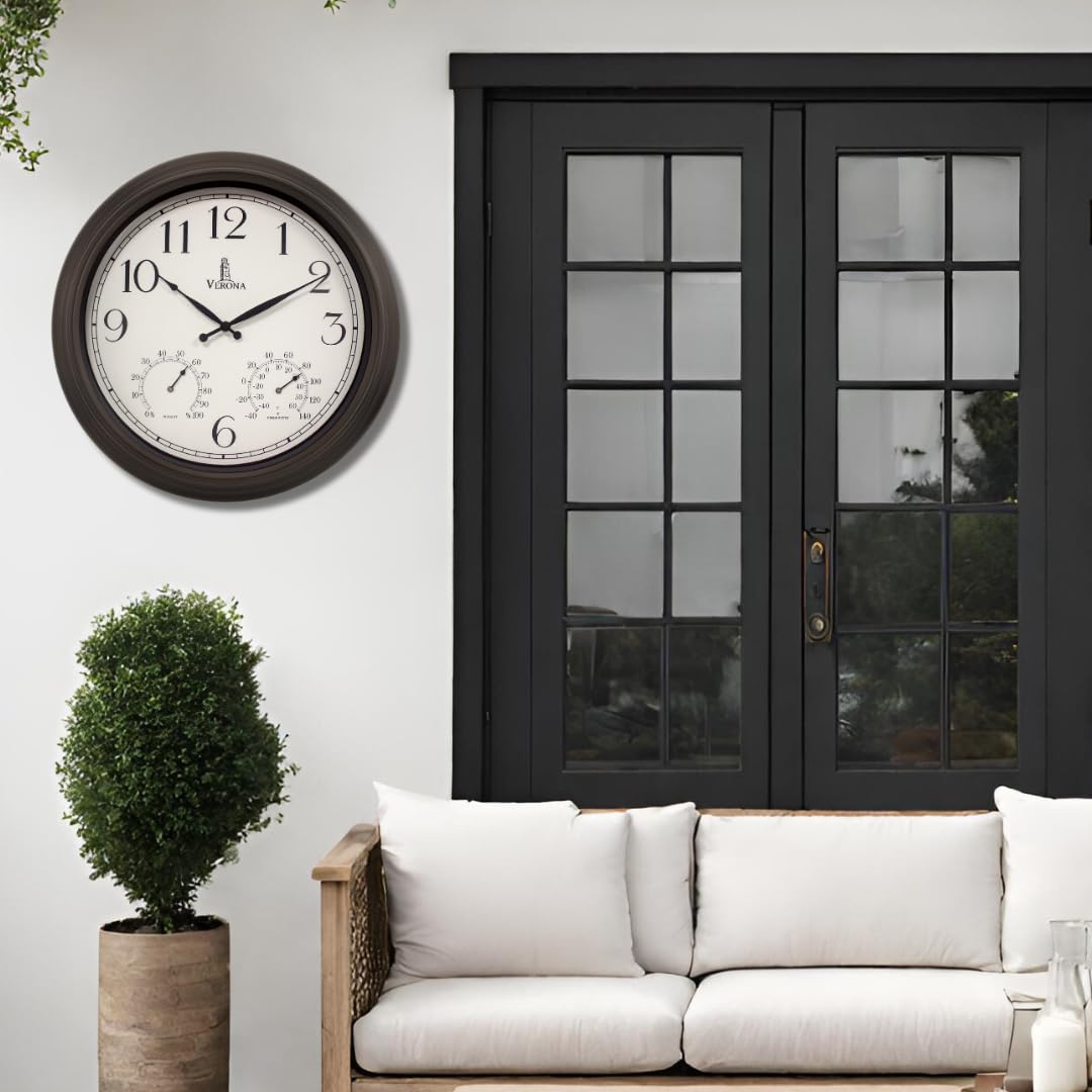 Lovely Home Essentials outdoor clock thermometer shows temperature at a glance by the patio.