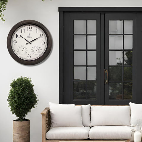 Lovely Home Essentials outdoor clock thermometer shows temperature at a glance by the patio.