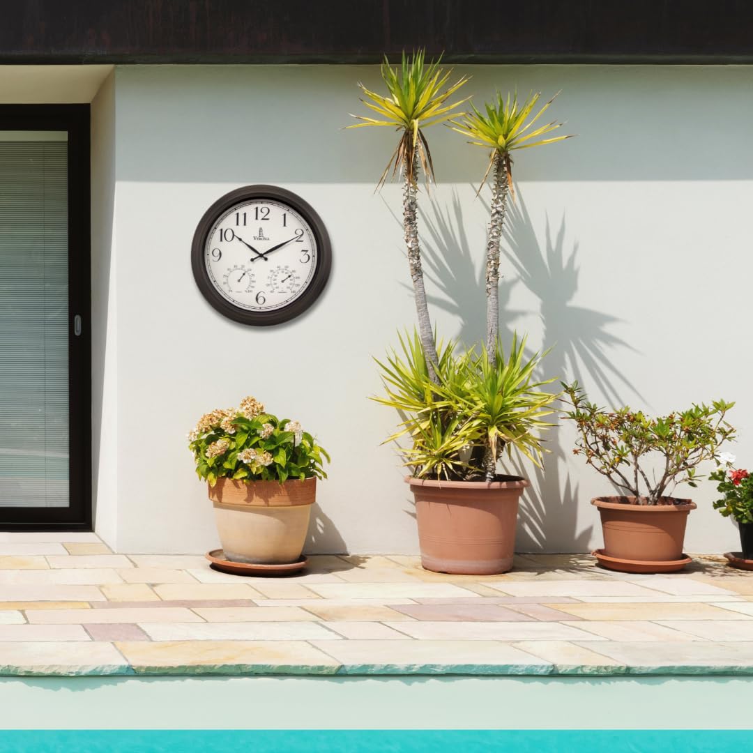 Lovely Home Essentials black brushed outdoor clock offers a stylish, durable timepiece.