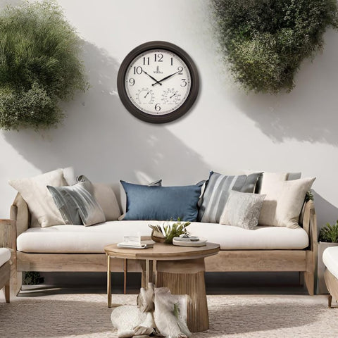 Lovely Home Essentials weatherproof wall clock withstands rain for reliable patio timekeeping.