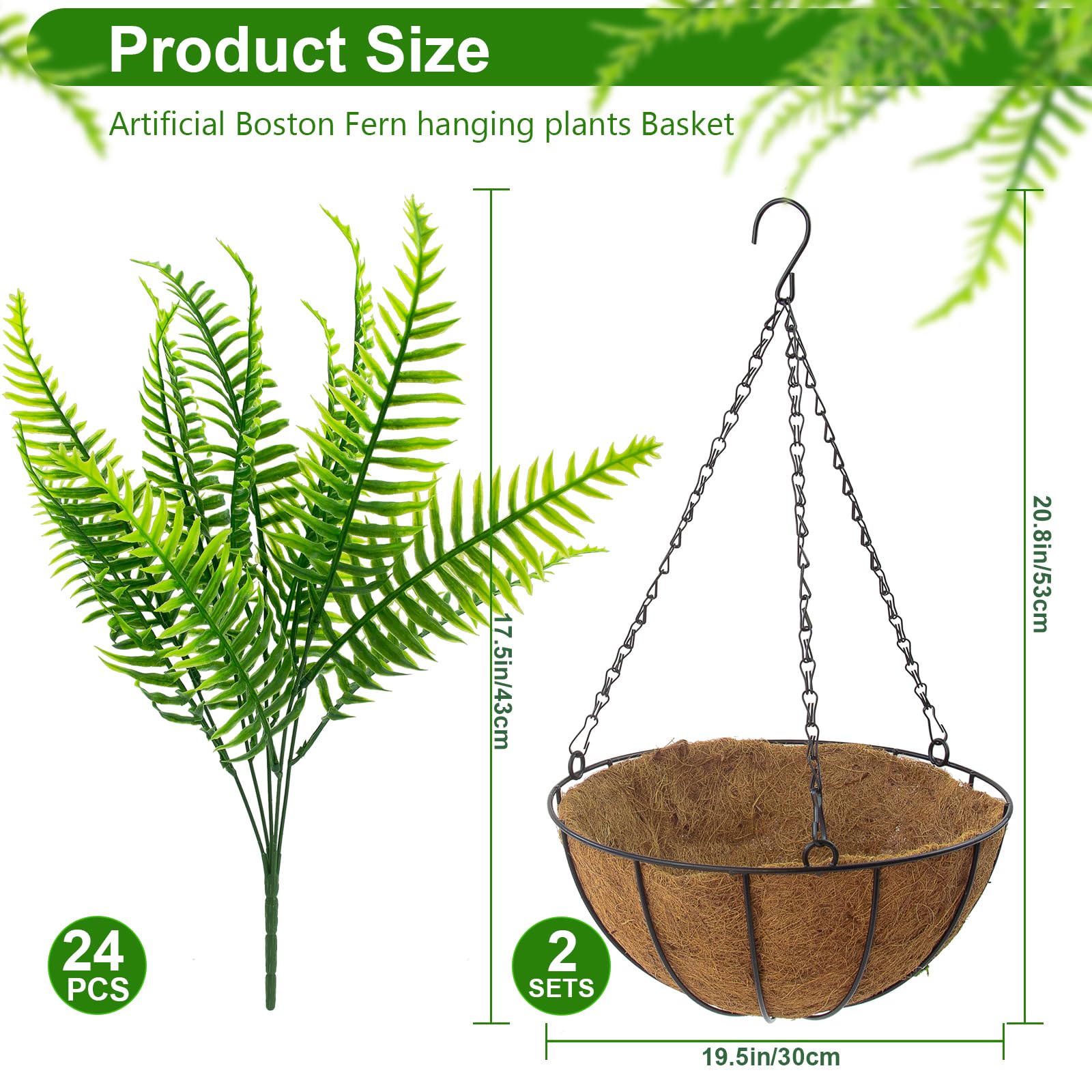 Lovemoon artificial fern hanging basket ready to hang for instant setup.