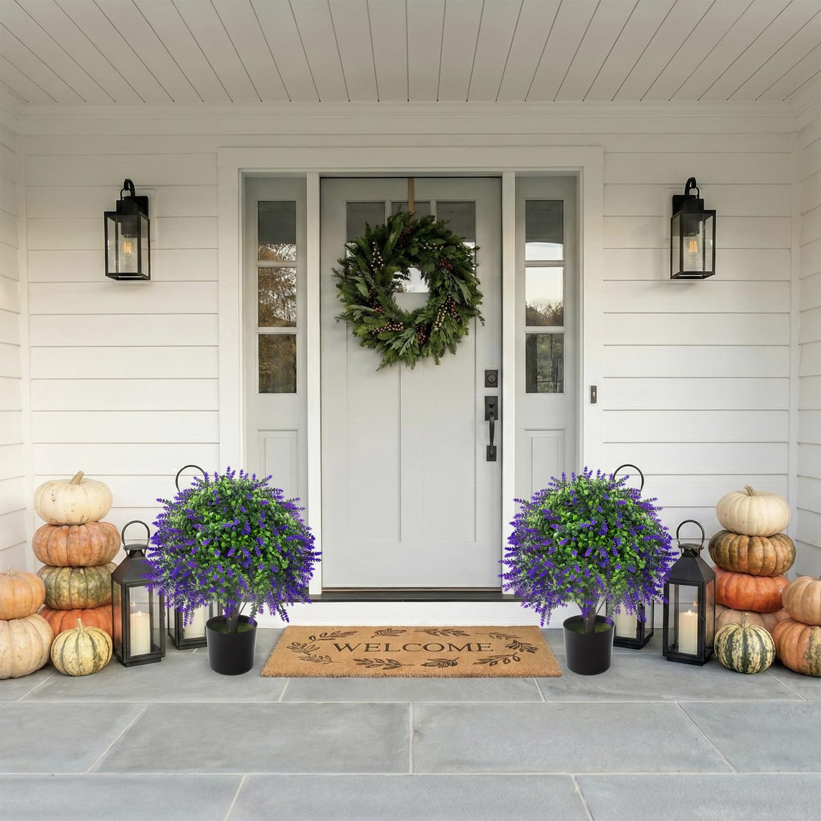 Potted lavender topiary decor for porch or balcony welcomes guests