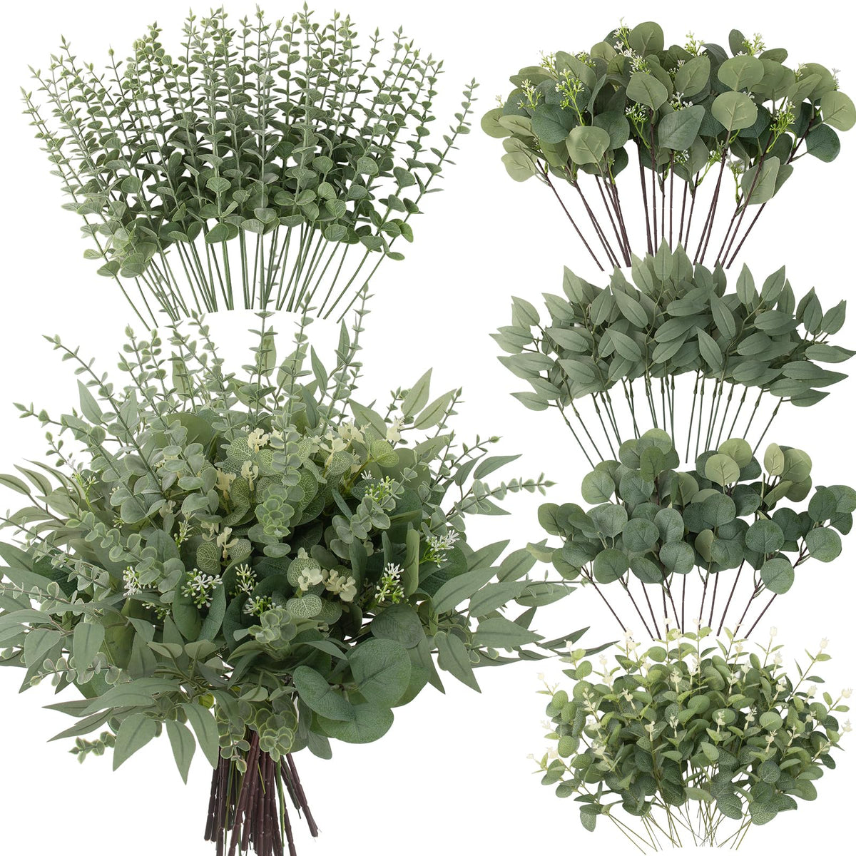 Lovemoon eucalyptus stems bulk in five varieties for lush centerpieces and bouquets.