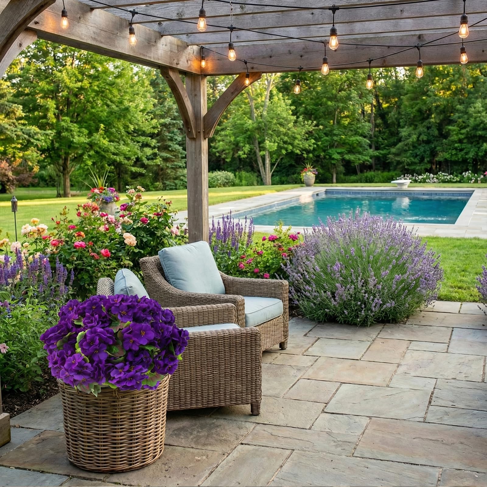 Lovemoon balcony pot with purple geraniums enhancing outdoor space.