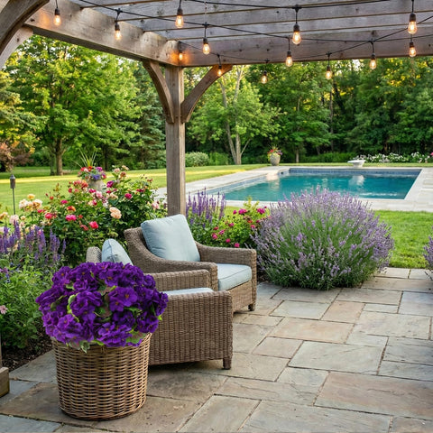 Lovemoon balcony pot with purple geraniums enhancing outdoor space.