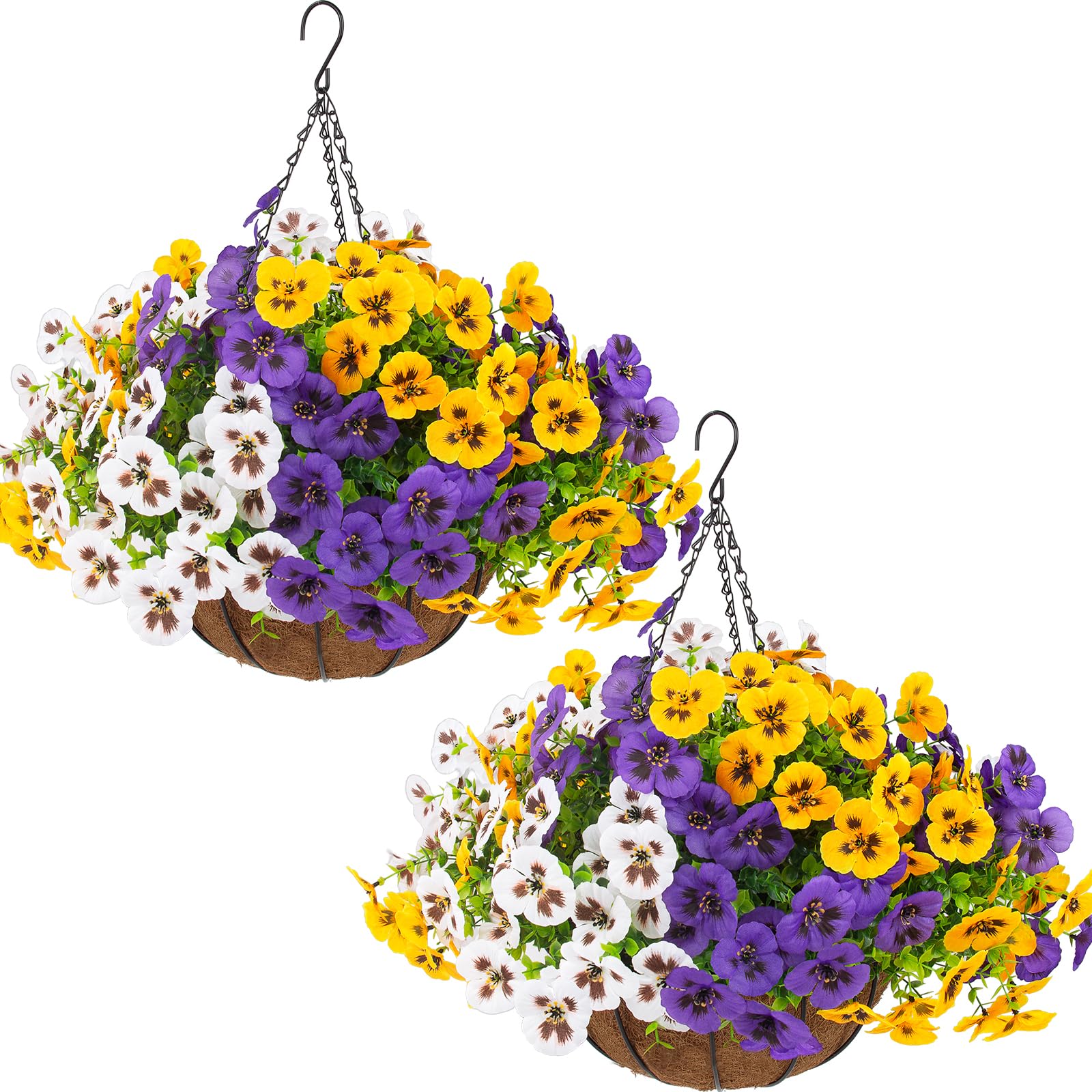 Lovemoon pansy baskets on porch glow with vibrant, maintenance-free color