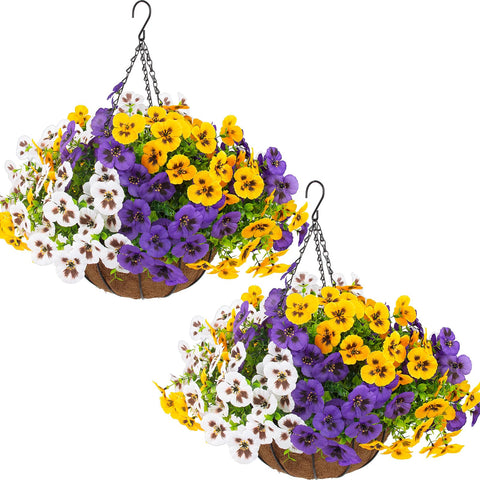 Lovemoon pansy baskets on porch glow with vibrant, maintenance-free color