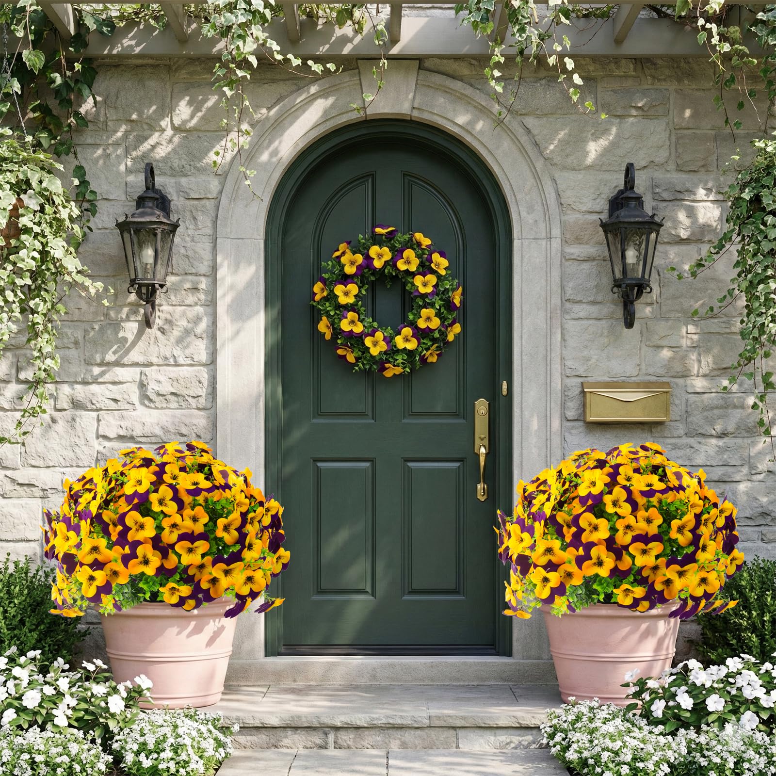 Lovemoon silk pansy stems reinforced plastic for stable outdoor displays
