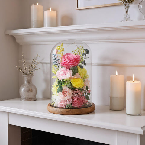 Lovenfold pink forever-rose in a dome makes a thoughtful birthday or anniversary gift.