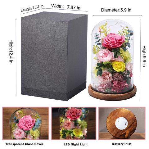 Lovenfold preserved pink rose inside a dome with LED light for ambient glow.