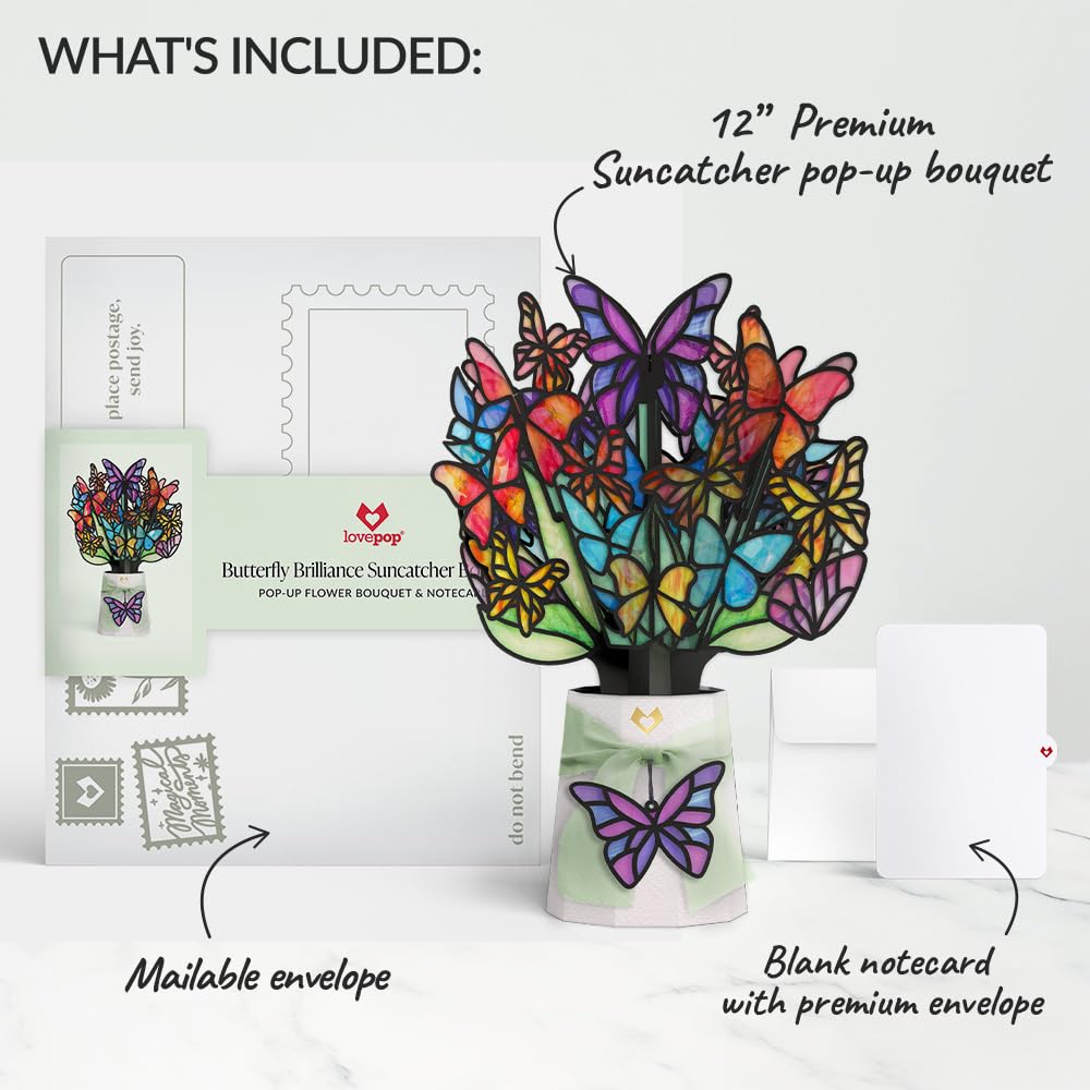 Lovepop Butterfly Brilliance Suncatcher Bouquet includes a blank notecard for personalized gifting.
