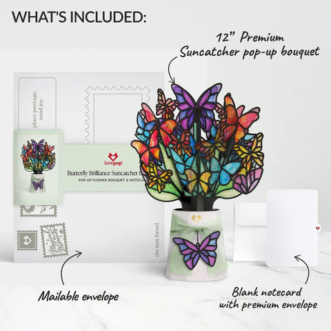 Lovepop Butterfly Brilliance Suncatcher Bouquet includes a blank notecard for personalized gifting.