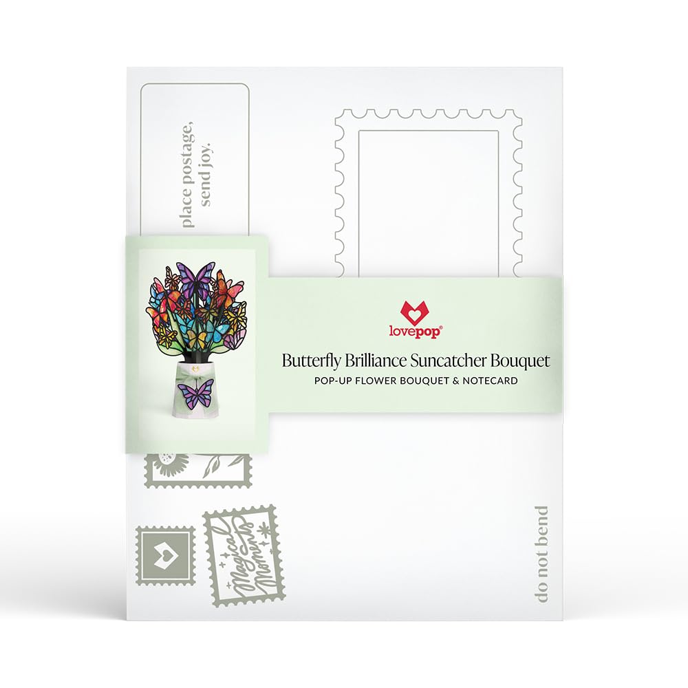 Lovepop Butterfly Brilliance Suncatcher Bouquet rests on a floral base for a delicate centerpiece.