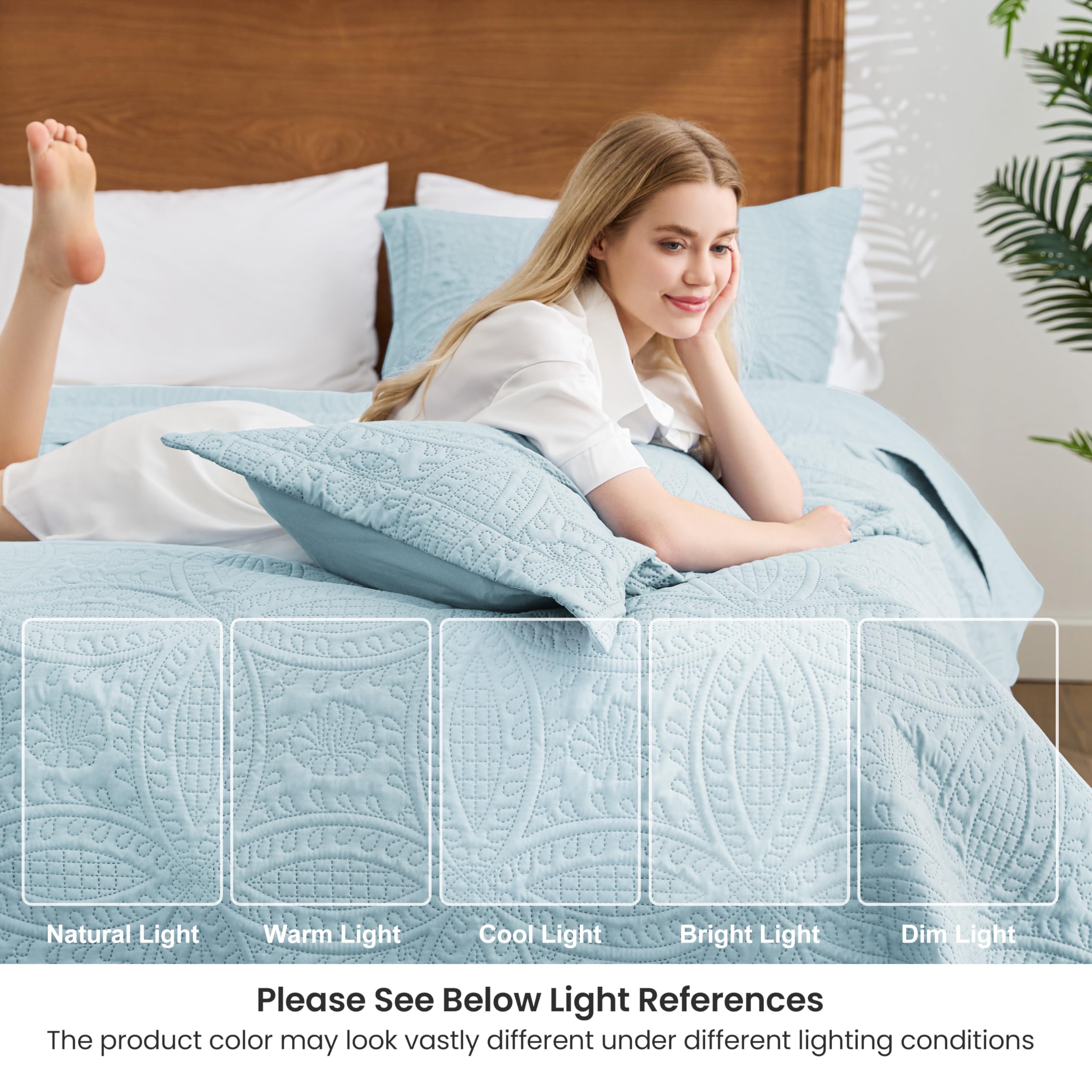Love's cabin 3-piece quilt set with two shams on bed.