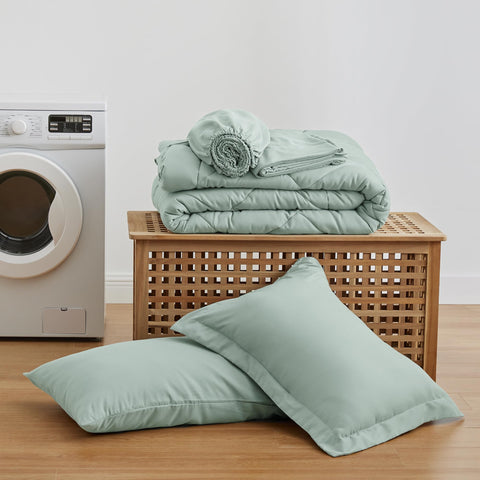 Love's cabin aqua bedroom setup inspires a neat twin room.