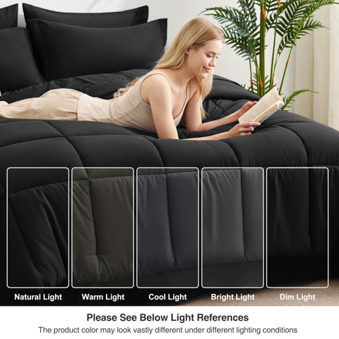 Love's cabin ash black comforter out of packaging showing loft after fluff