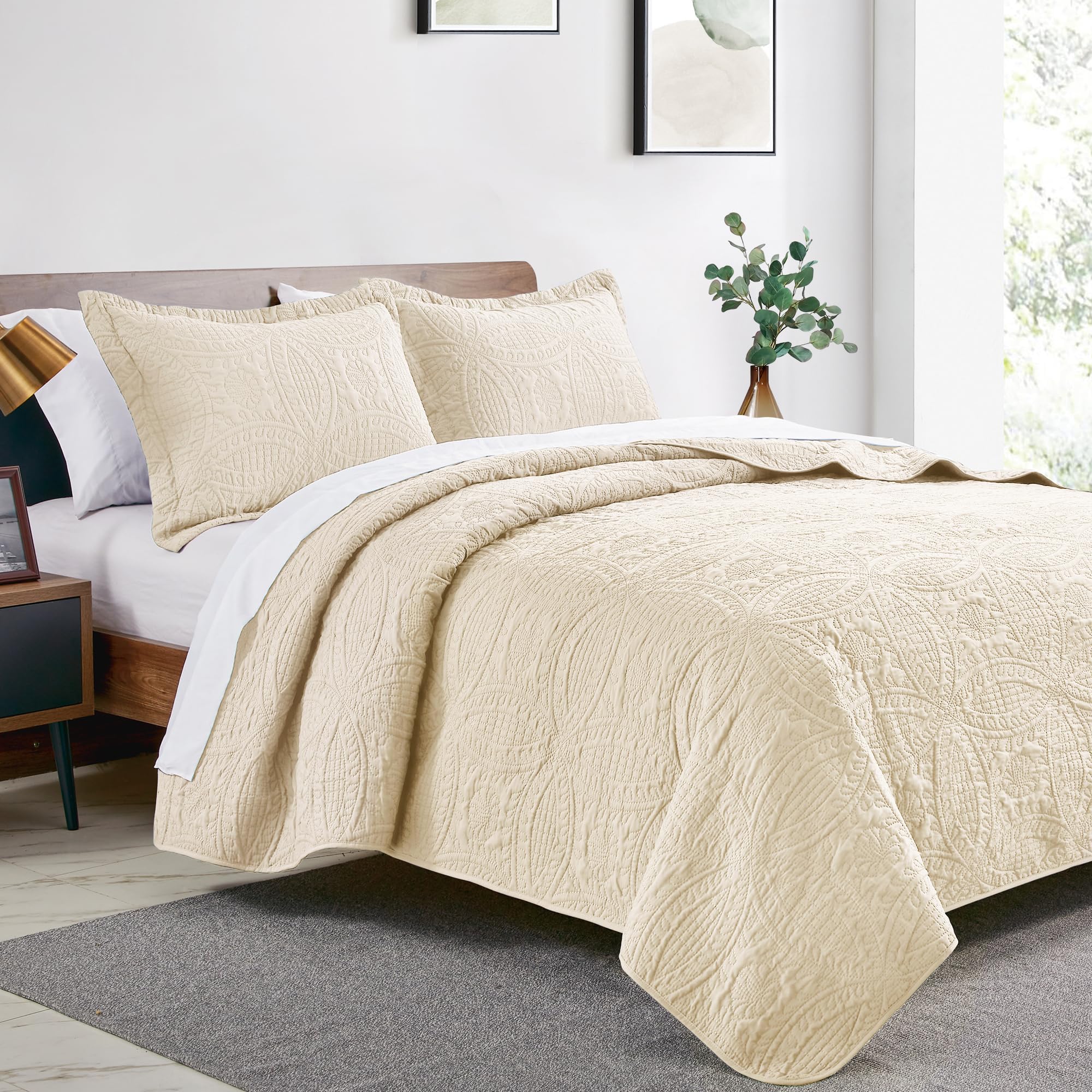 Love's cabin beige-bedspread-closeup reveals soft brushed polyester texture.