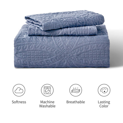 Love's cabin blue bedspread ideal for easy care with pets or kids.