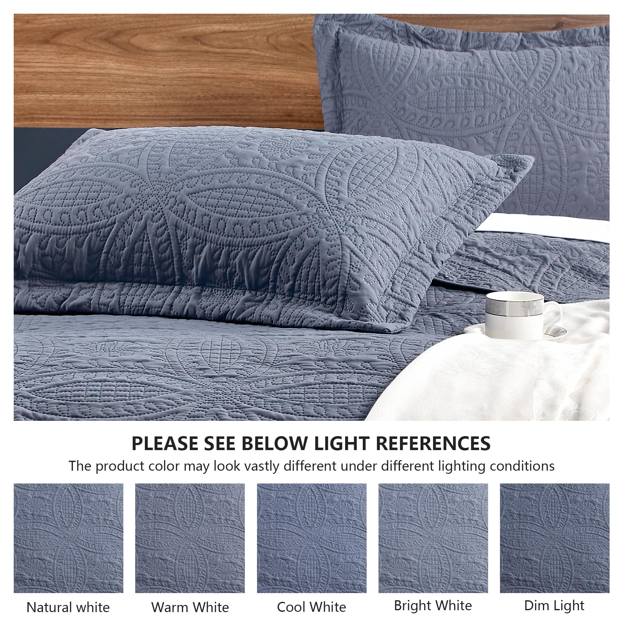 Love's cabin blue coin-pattern pillow shams on a bed