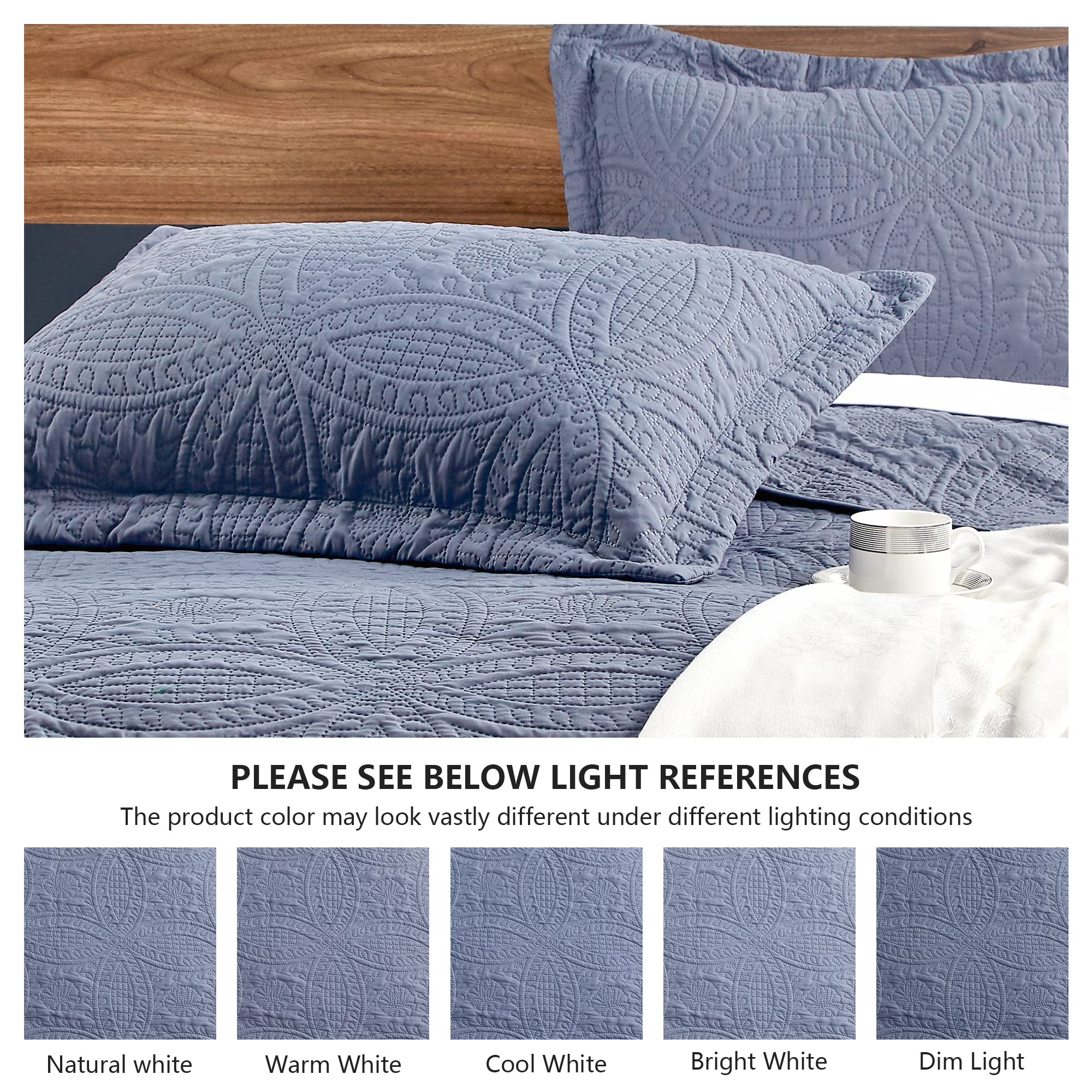 Detail of Love's cabin brushed polyester quilt in blue with smooth finish.