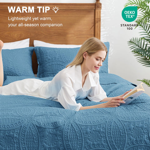 Love's cabin Cal King quilt and two shams—complete set for guest rooms.