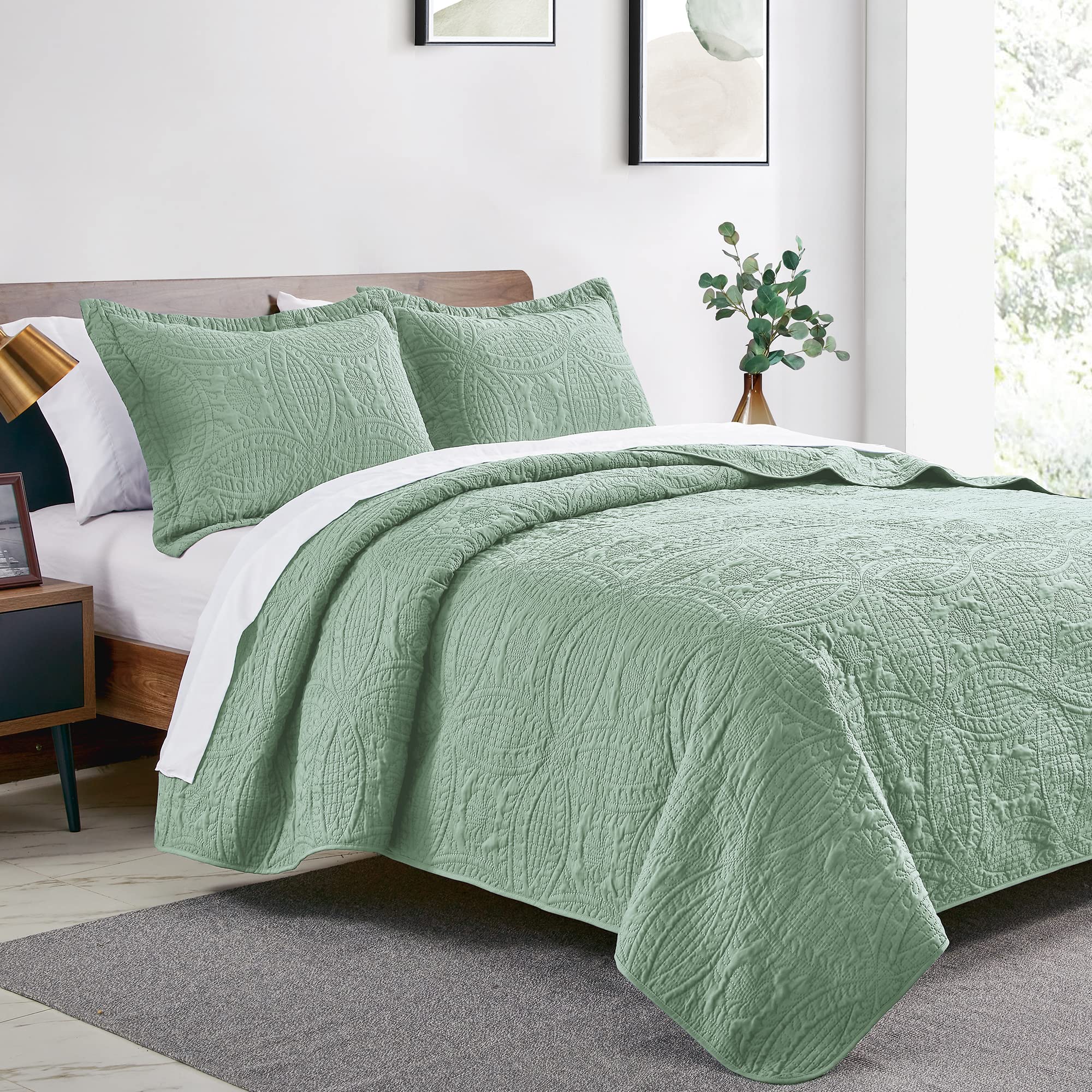 Love's cabin coin-pattern coverlet close-up shows embossed texture and durability.