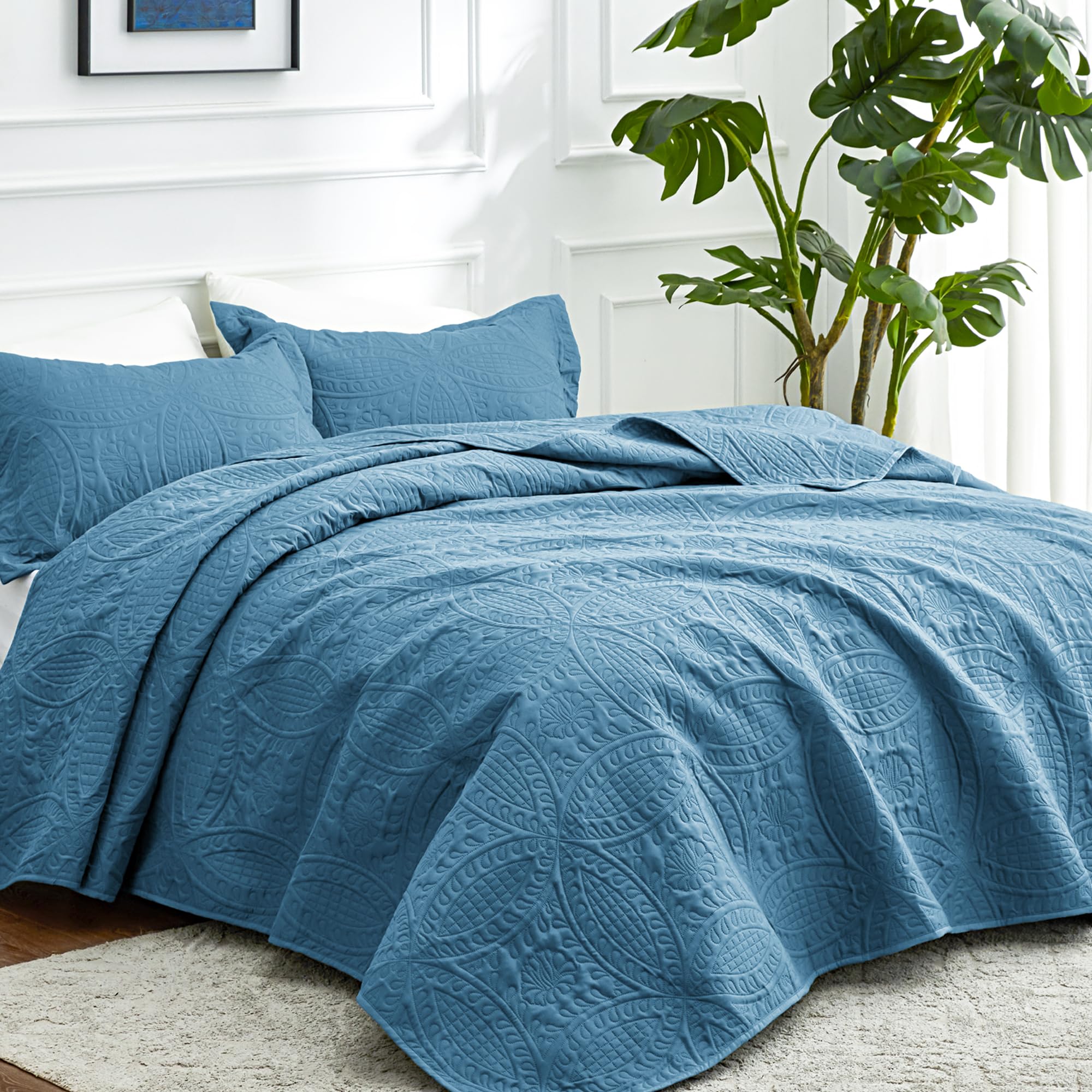 Love's cabin coin-pattern coverlet Misty Blue coordinates with any decor